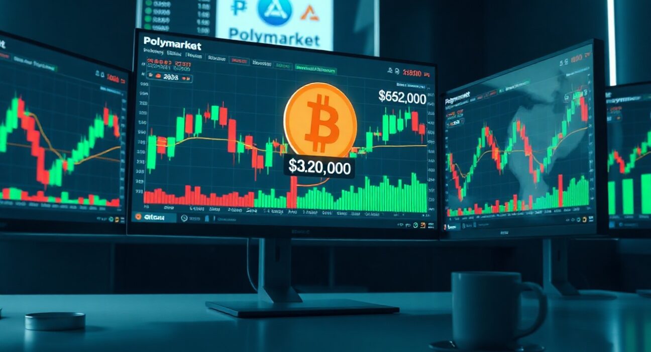 Bitcoin price chart on trading monitors with Polymarket prediction interface