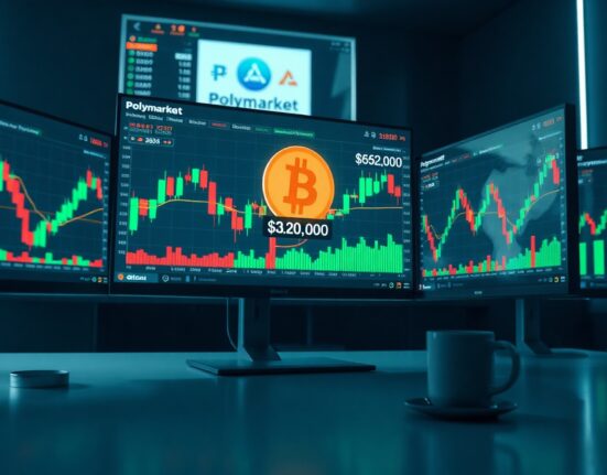 Bitcoin price chart on trading monitors with Polymarket prediction interface