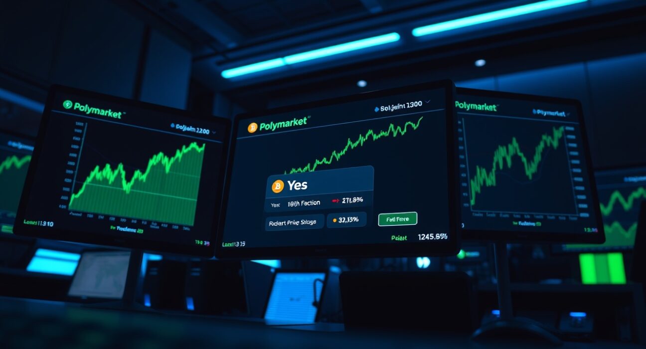 Trading desk monitors showing Bitcoin price charts and Polymarket prediction interface with rising odds.