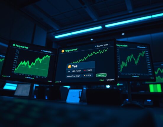 Trading desk monitors showing Bitcoin price charts and Polymarket prediction interface with rising odds.