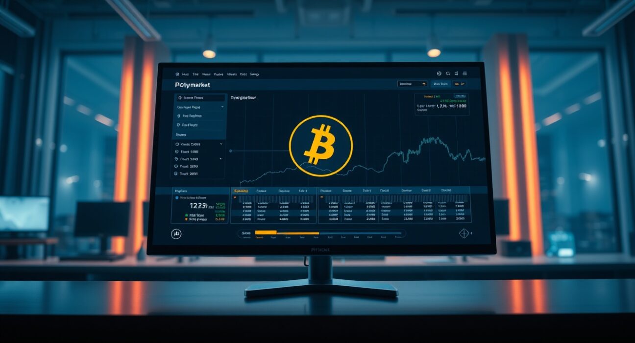 Polymarket platform interface with Bitcoin and Lightning Network icons on a monitor in a professional trading environment