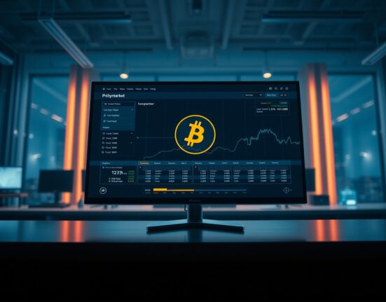 Polymarket platform interface with Bitcoin and Lightning Network icons on a monitor in a professional trading environment