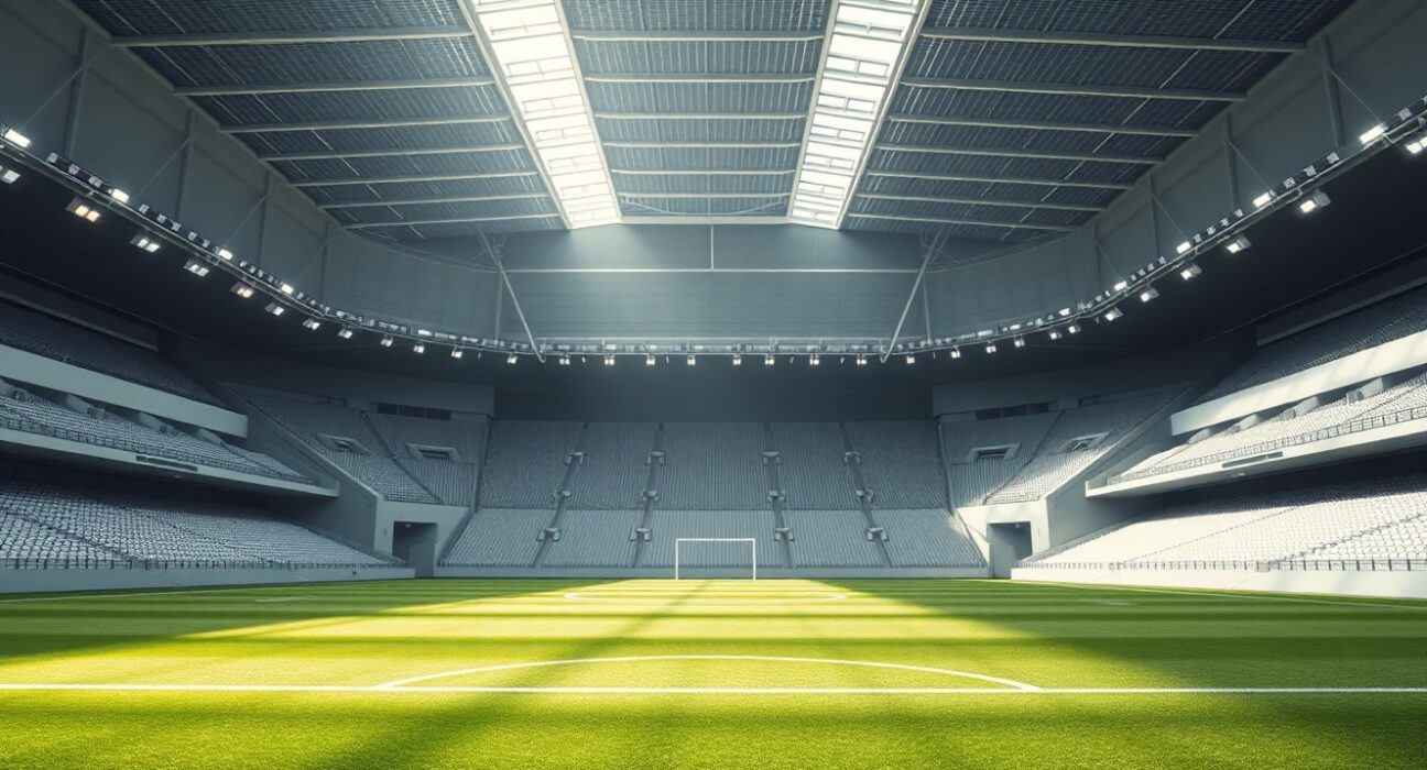 Soccer stadium field with empty seats under natural daylight, representing Bundesliga partnership