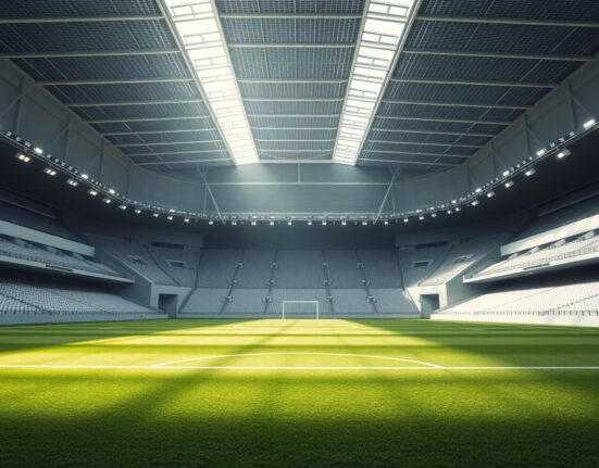 Soccer stadium field with empty seats under natural daylight, representing Bundesliga partnership