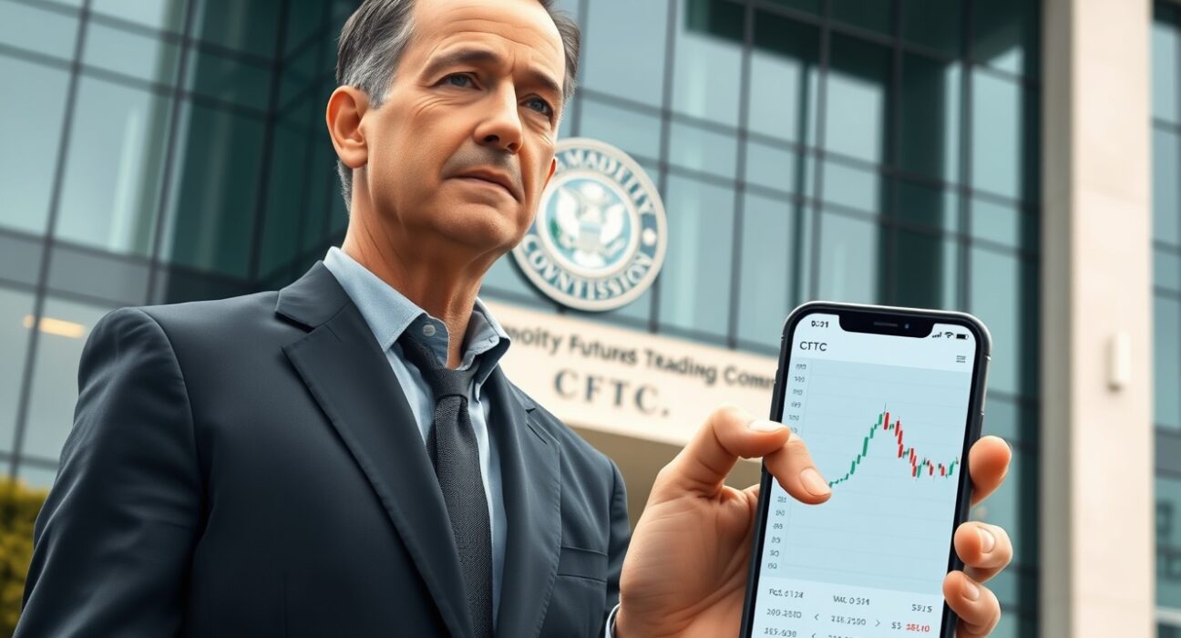 Polymarket in talks with CFTC to re-enter US market, showing a person outside a government building with a smartphone displaying the prediction market interface.