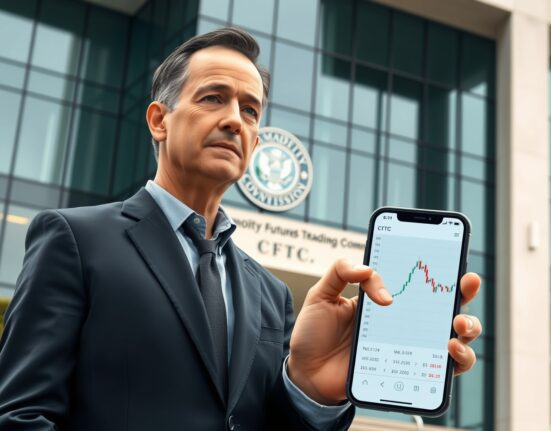 Polymarket in talks with CFTC to re-enter US market, showing a person outside a government building with a smartphone displaying the prediction market interface.