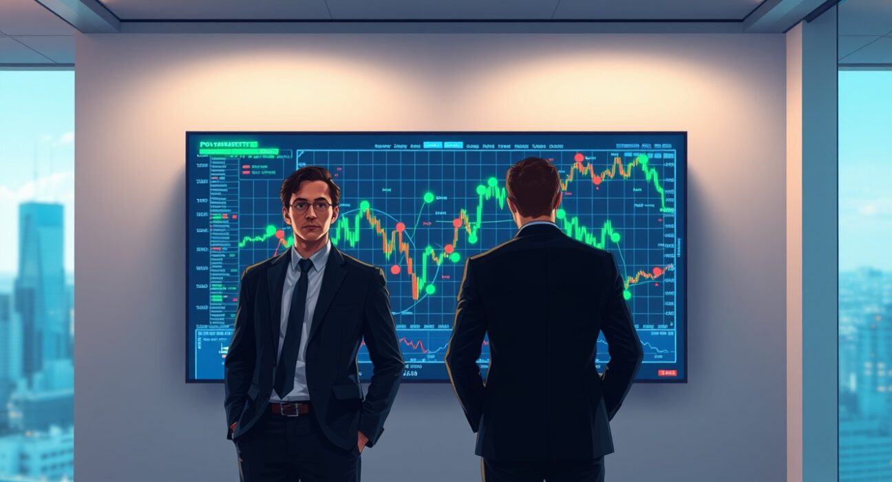 Polymarket and Chainalysis professionals monitor blockchain analytics for insider trading detection in a modern office