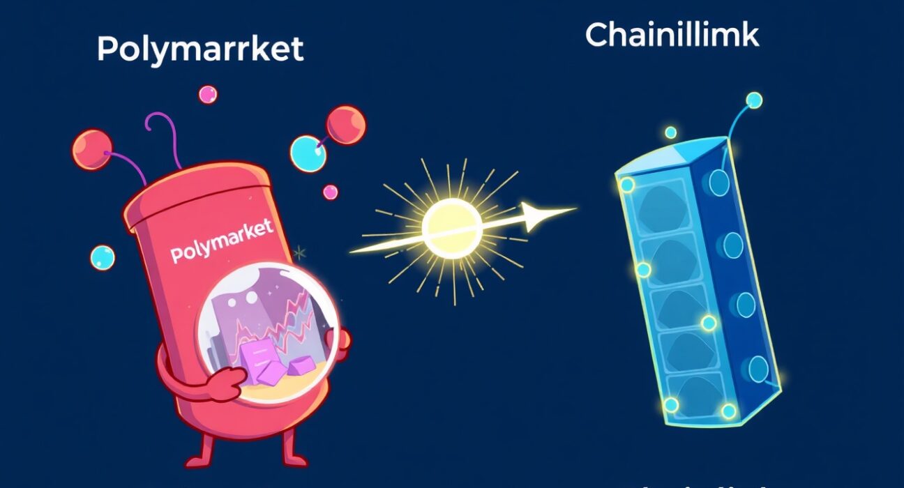 Cartoon showing Polymarket and Chainlink connecting, symbolizing the enhanced accuracy and speed from Polymarket Chainlink integration.