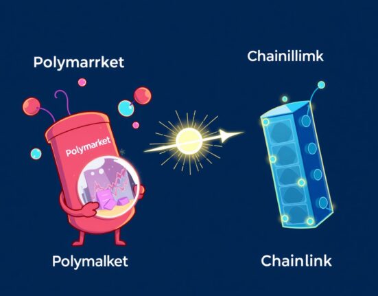 Cartoon showing Polymarket and Chainlink connecting, symbolizing the enhanced accuracy and speed from Polymarket Chainlink integration.