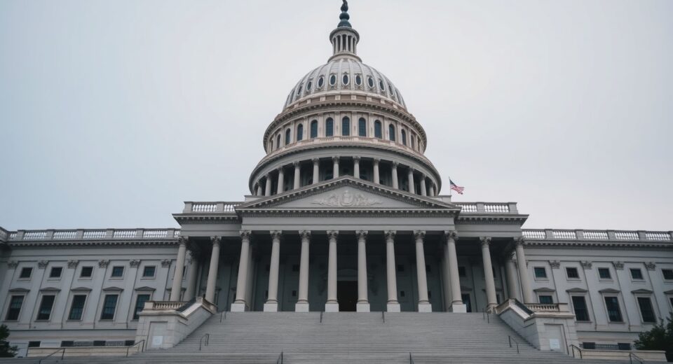 US Capitol building under overcast sky, symbolizing cryptocurrency regulation uncertainty