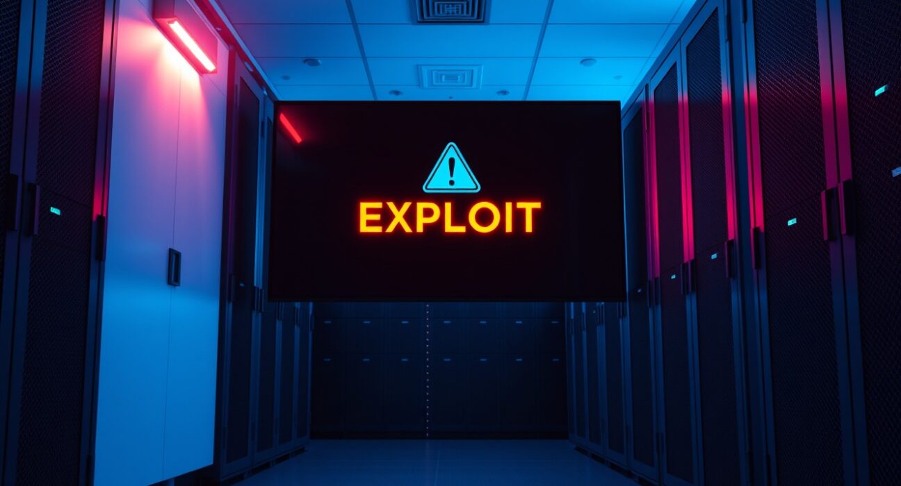 Data center server room with a warning screen indicating an exploit, representing the Polymarket security incident.
