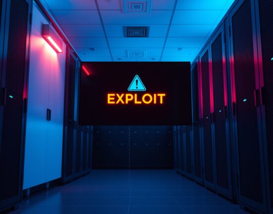 Data center server room with a warning screen indicating an exploit, representing the Polymarket security incident.
