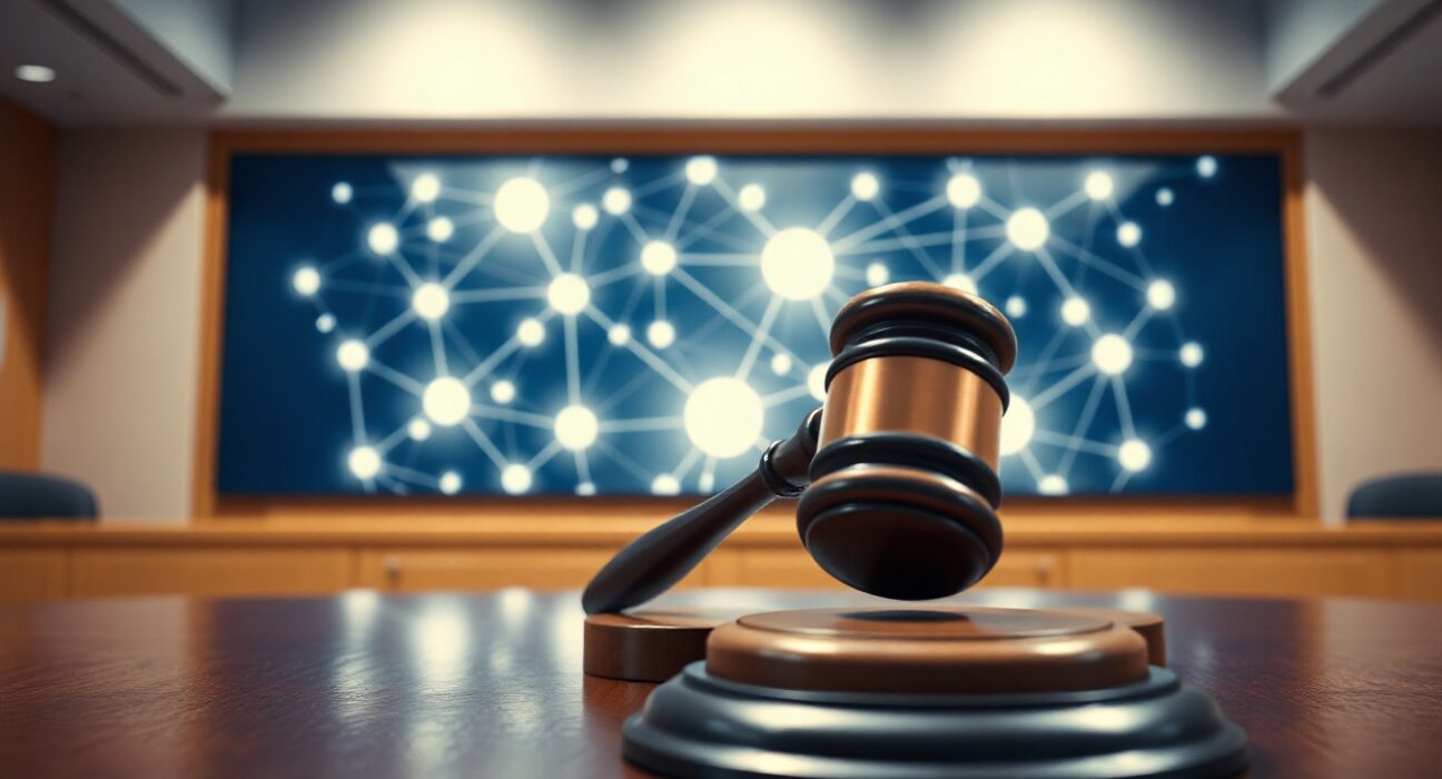 A judge's gavel in a courtroom with a blockchain network screen in the background, representing Polymarket's dispute resolution conflict of interest.
