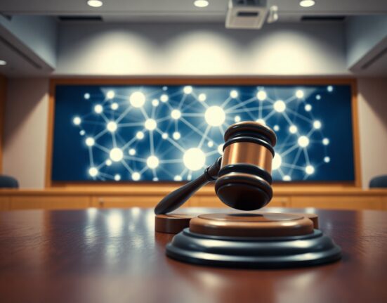 A judge's gavel in a courtroom with a blockchain network screen in the background, representing Polymarket's dispute resolution conflict of interest.