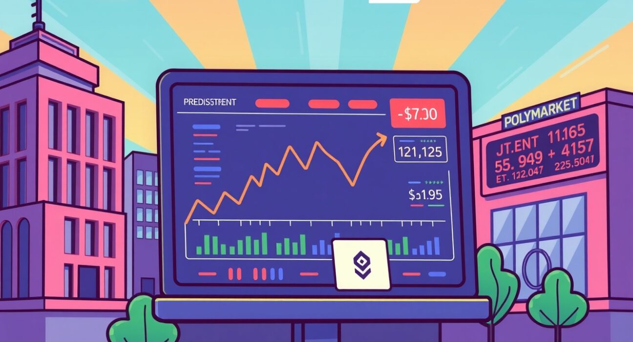 A cartoon illustration showing Polymarket corporate earnings predictions on a screen, blending financial data with decentralized market symbols.