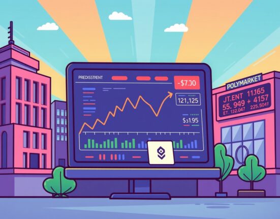 A cartoon illustration showing Polymarket corporate earnings predictions on a screen, blending financial data with decentralized market symbols.