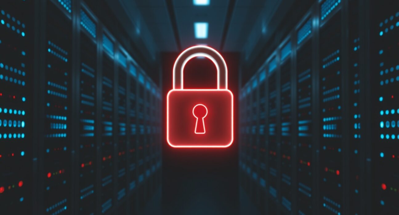 Polymarket denies hacking allegations with a digital lock symbolizing security and data protection.