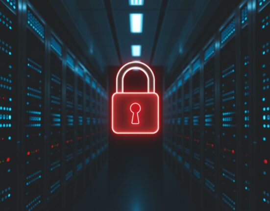 Polymarket denies hacking allegations with a digital lock symbolizing security and data protection.