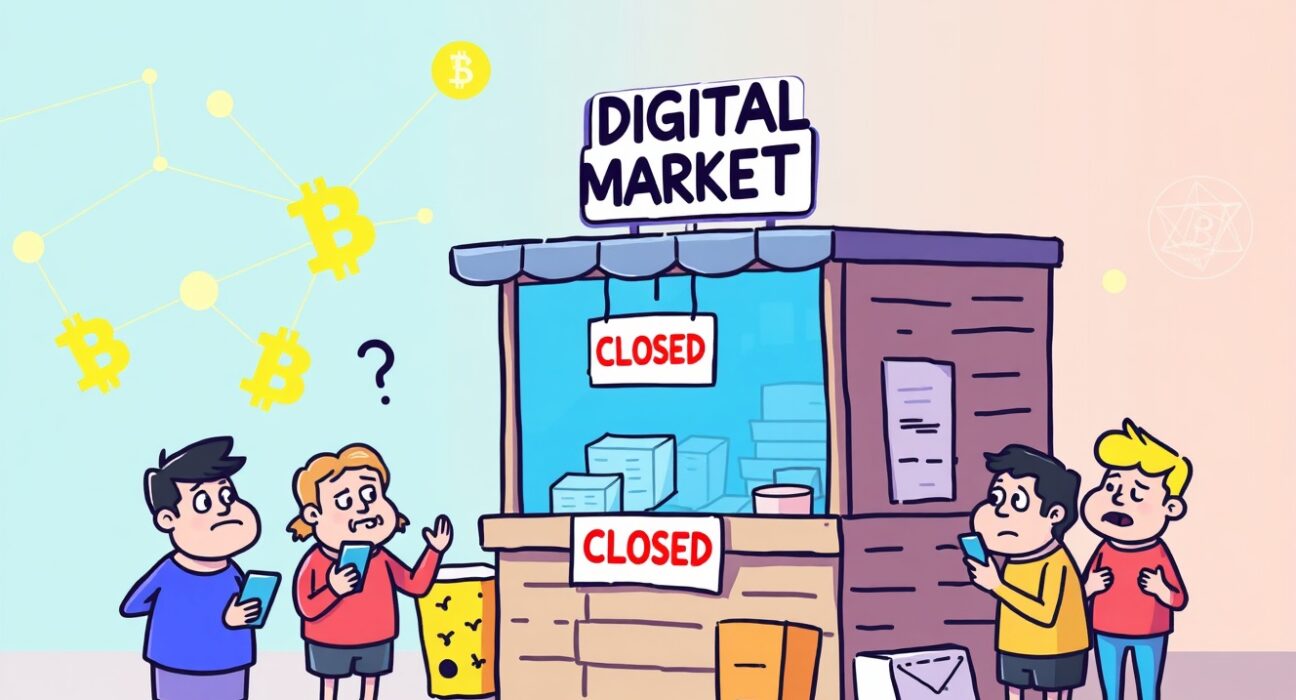 Polymarket is down illustration showing a closed digital market with blockchain elements