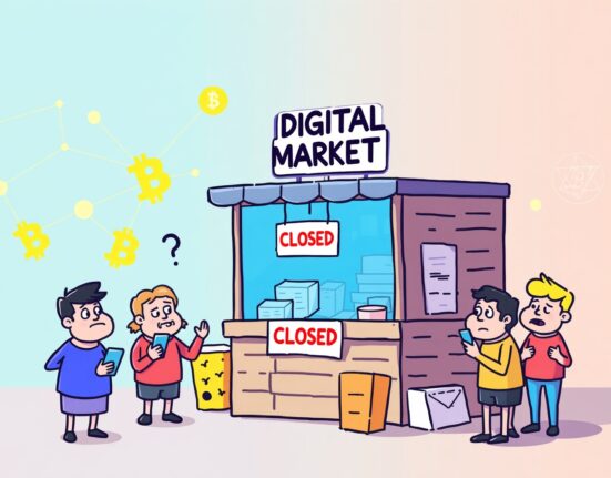 Polymarket is down illustration showing a closed digital market with blockchain elements