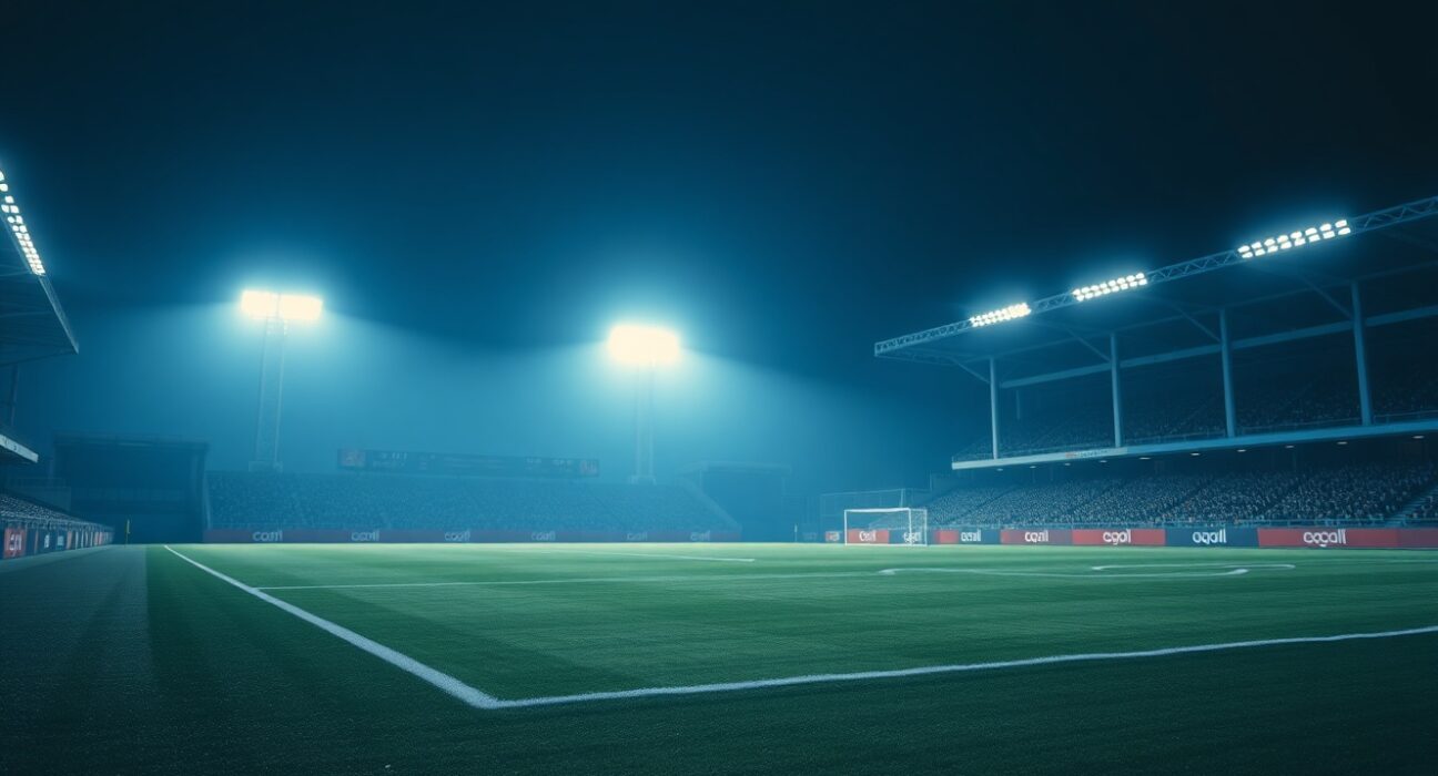 A football stadium lit by floodlights at night, empty pitch before a match.