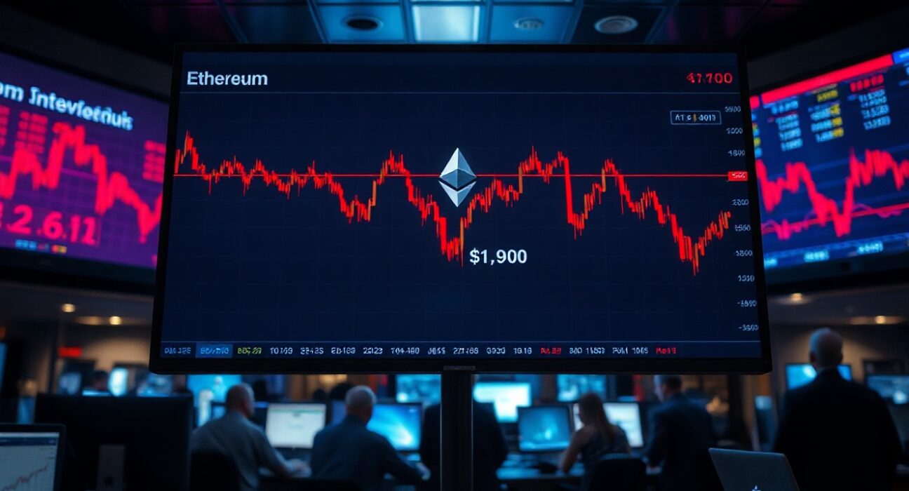 Ethereum price chart showing a drop below $1,900 on a trading floor monitor