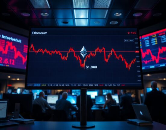 Ethereum price chart showing a drop below $1,900 on a trading floor monitor