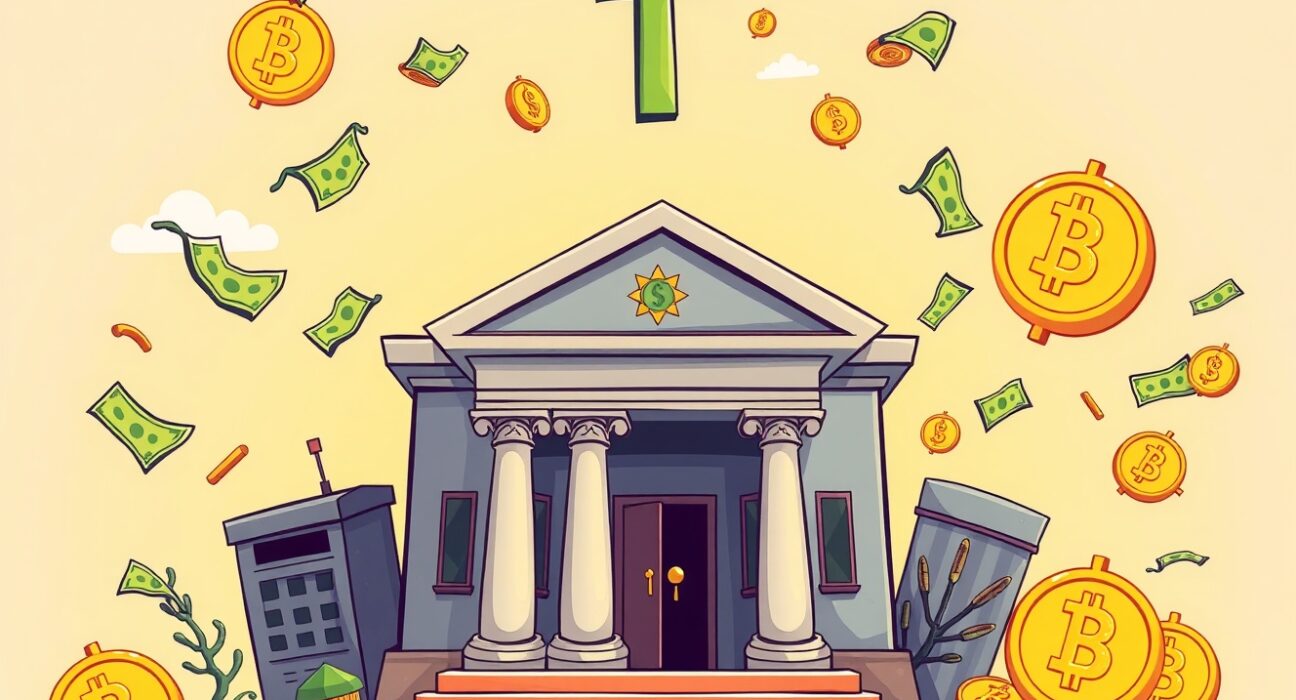 Cartoon illustration showing Federal Reserve rate cut prediction with cryptocurrency market impact