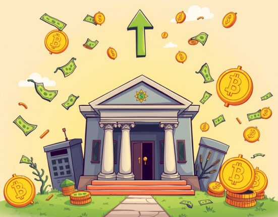 Cartoon illustration showing Federal Reserve rate cut prediction with cryptocurrency market impact