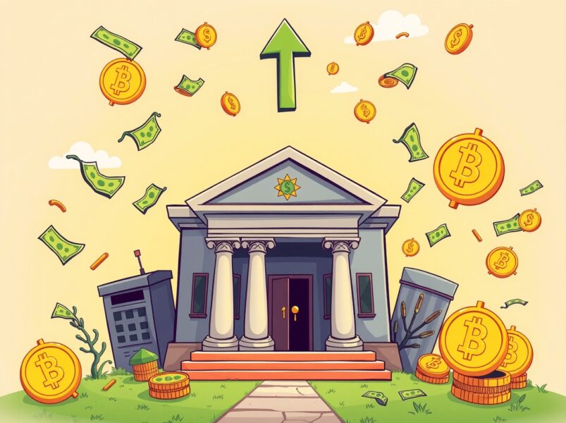 Cartoon illustration showing Federal Reserve rate cut prediction with cryptocurrency market impact