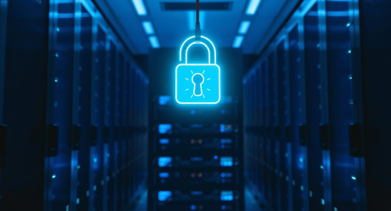Digital lock icon over server rack in dimly lit data center representing fund security