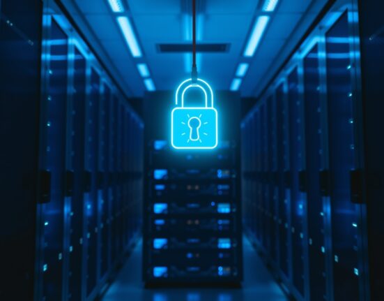 Digital lock icon over server rack in dimly lit data center representing fund security
