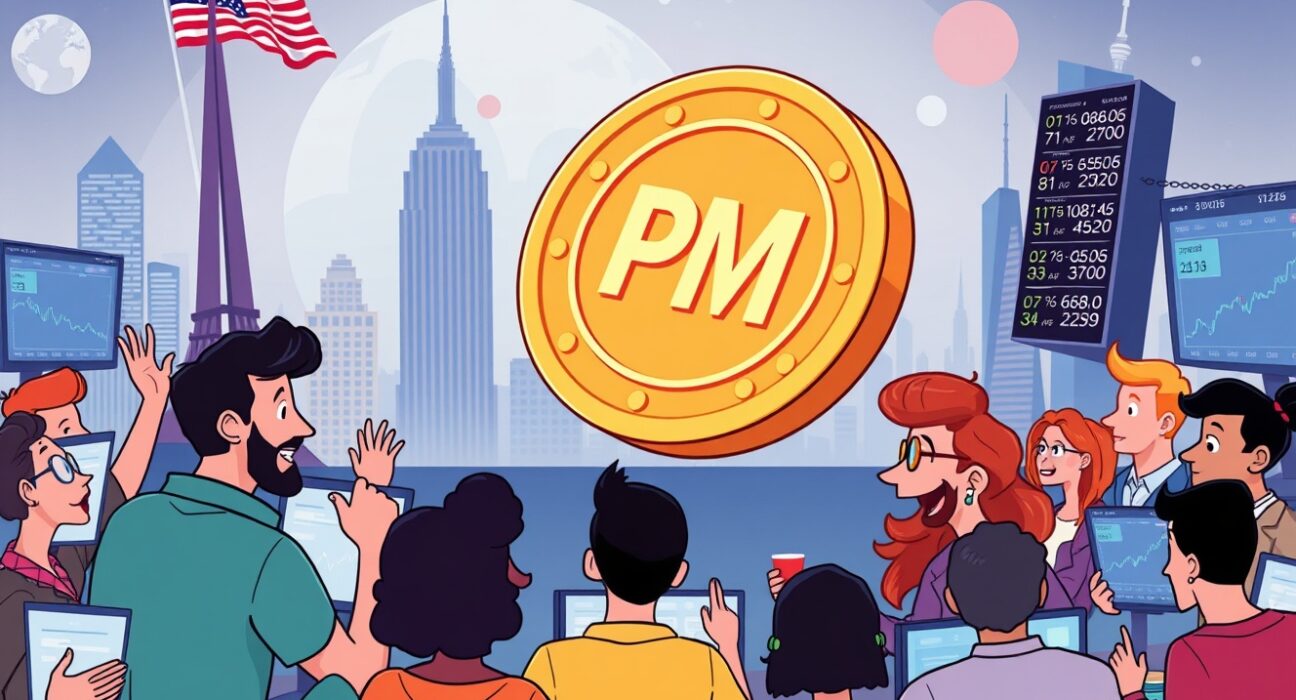 A vibrant cartoon depicting Polymarket funding growth and its impressive valuation, with market participants observing the expansion.