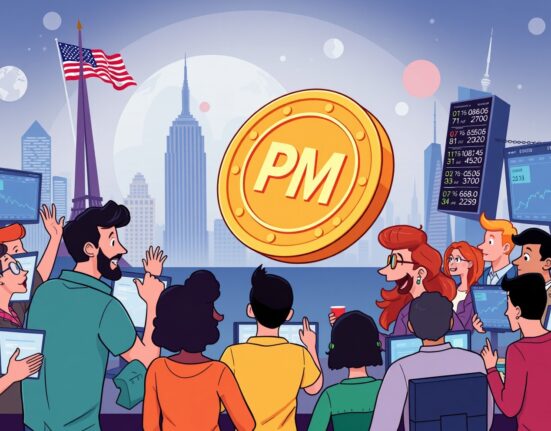 A vibrant cartoon depicting Polymarket funding growth and its impressive valuation, with market participants observing the expansion.