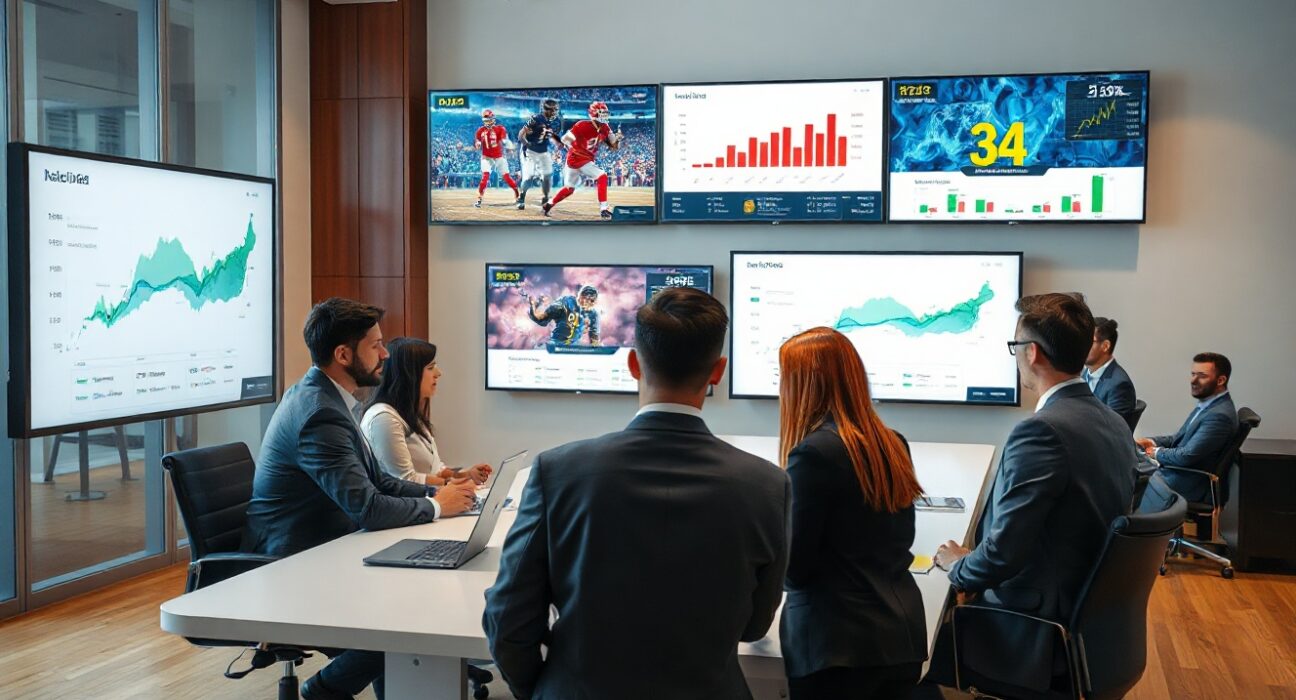 Polymarket team reviewing compliance and market data in a modern office