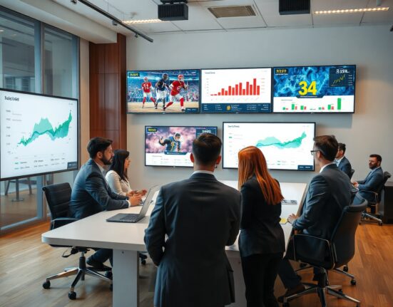 Polymarket team reviewing compliance and market data in a modern office
