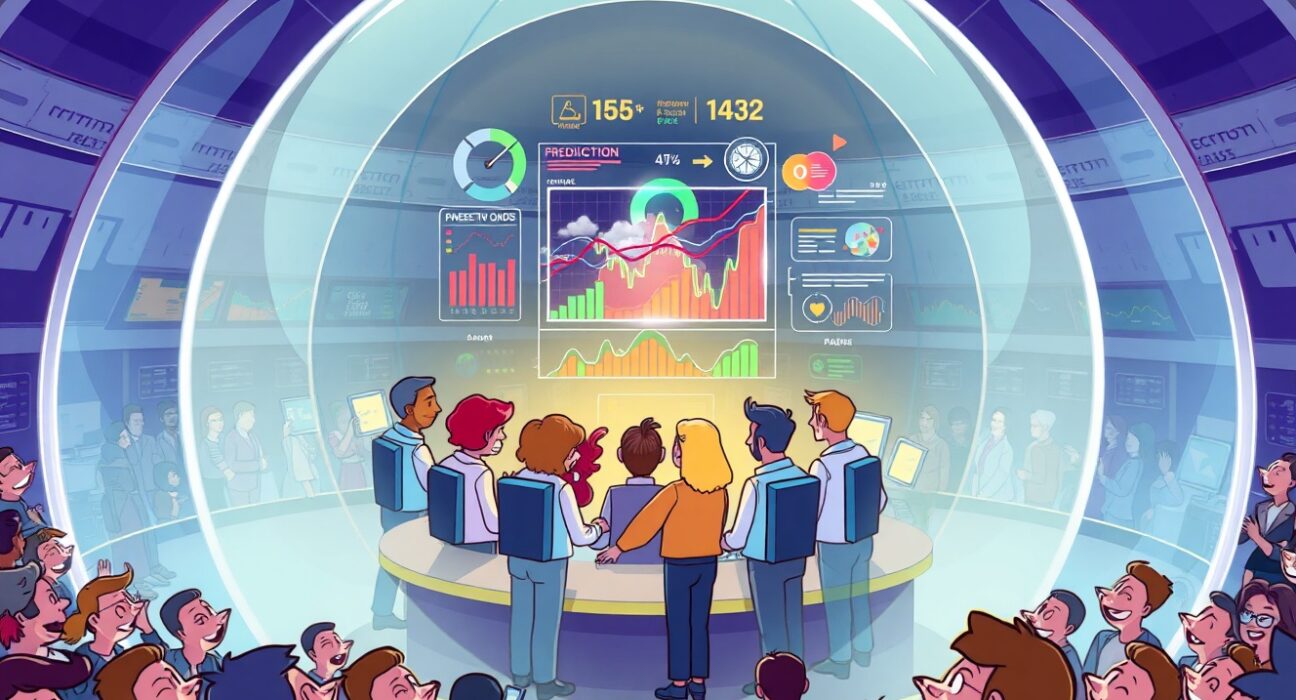 Polymarket market-making team strategizing in a vibrant, futuristic trading hub to improve prediction market liquidity.