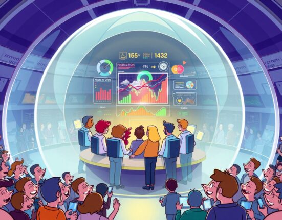 Polymarket market-making team strategizing in a vibrant, futuristic trading hub to improve prediction market liquidity.