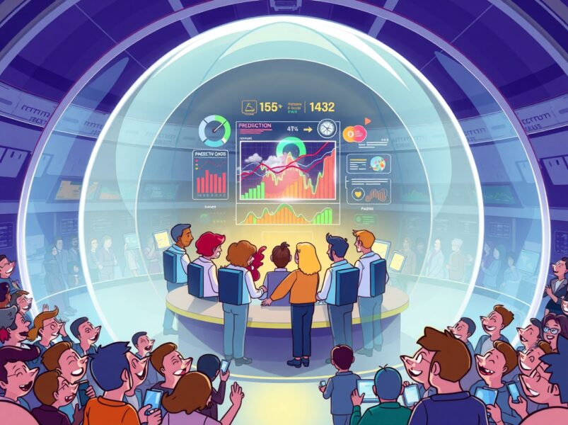 Polymarket market-making team strategizing in a vibrant, futuristic trading hub to improve prediction market liquidity.