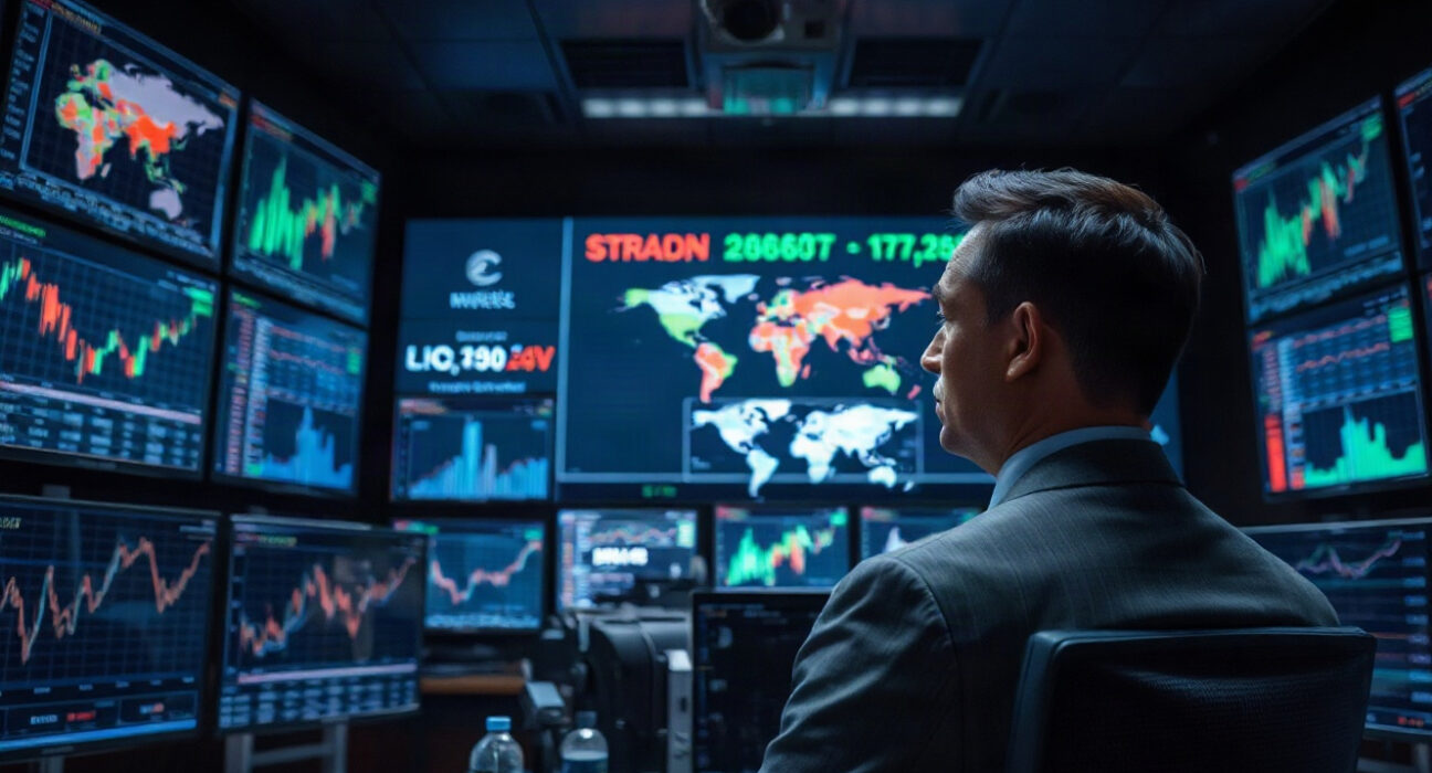 Analyst monitoring trading screens in a surveillance center, representing Polymarket's enhanced oversight for insider trading.