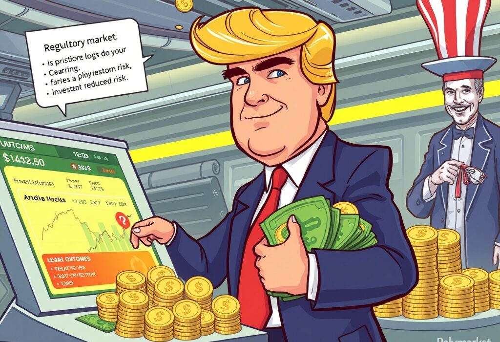 Cartoon showing Donald Trump Jr. making a significant Polymarket investment, symbolizing regulatory clarity and growth in prediction markets.
