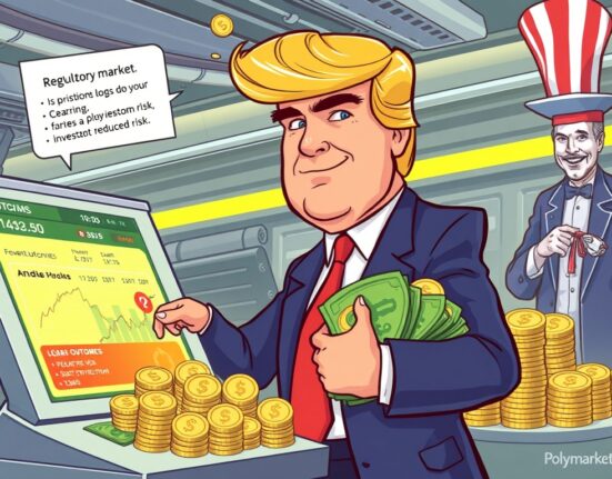 Cartoon showing Donald Trump Jr. making a significant Polymarket investment, symbolizing regulatory clarity and growth in prediction markets.