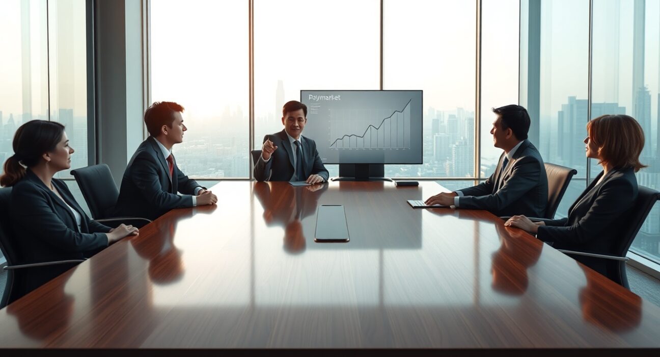 Business meeting in Tokyo boardroom discussing Polymarket expansion plans