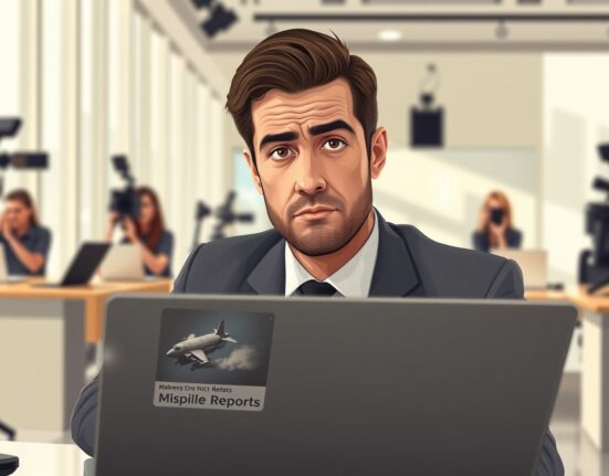 Journalist working on Iran missile reports story with serious expression at news desk