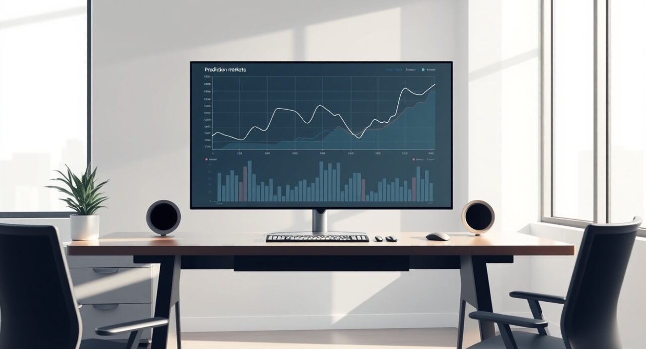 A financial trading desk monitor displaying prediction market data visualizations for Polymarket