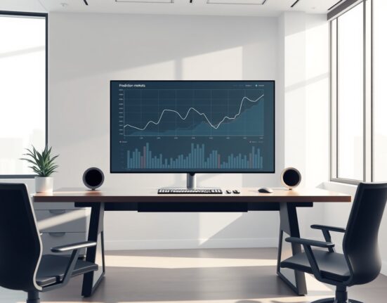A financial trading desk monitor displaying prediction market data visualizations for Polymarket and Kalshi funding news.