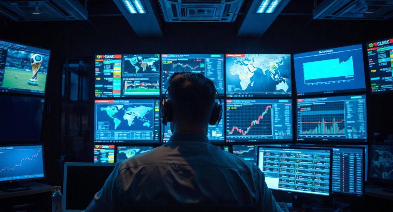 A security operations center monitoring World Cup prediction market data on large screens.