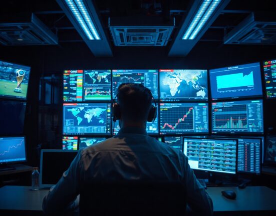 A security operations center monitoring World Cup prediction market data on large screens.