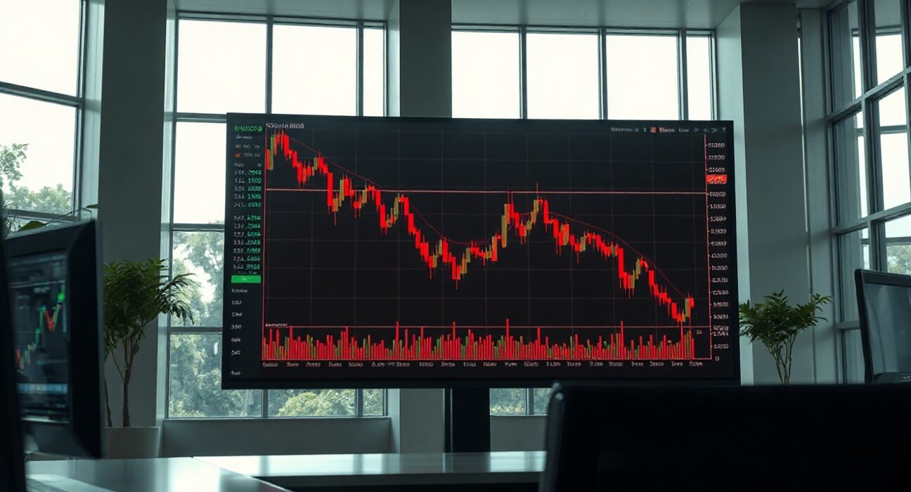Digital trading screen showing declining chart lines in a professional office setting