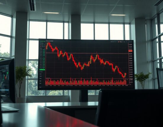 Digital trading screen showing declining chart lines in a professional office setting